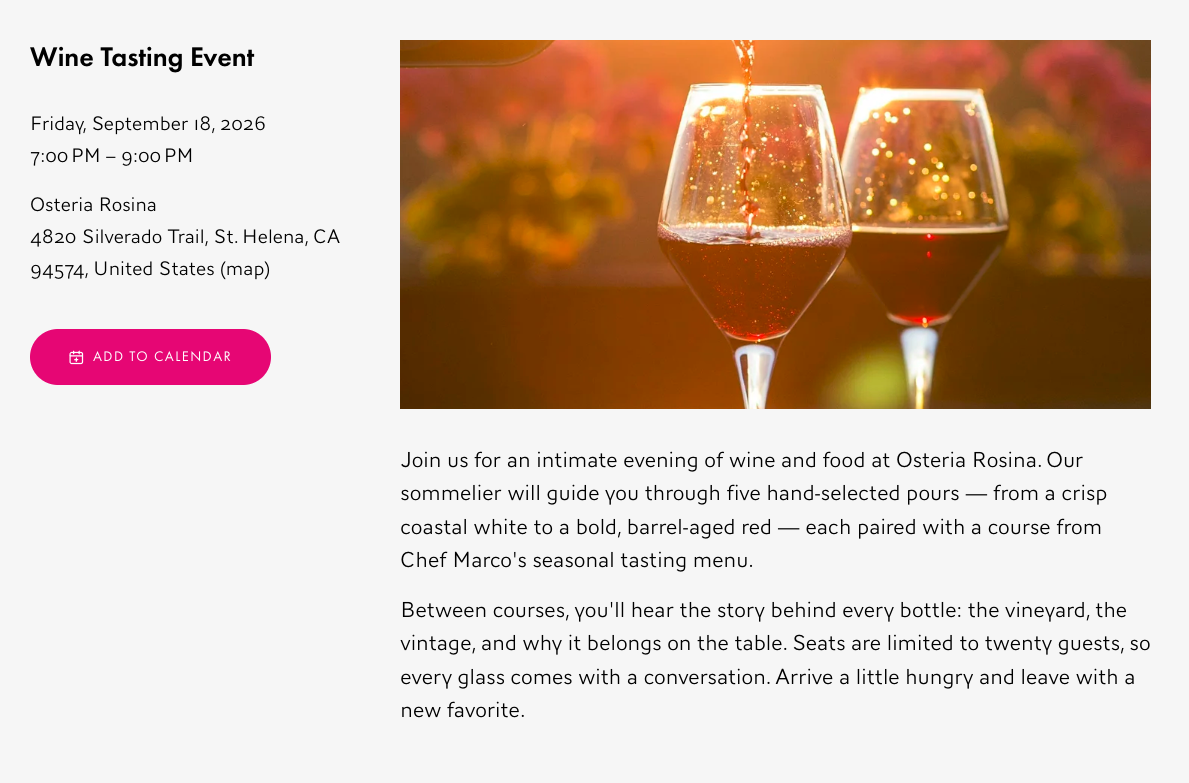 A Squarespace event page with a branded Add to Calendar button and full details