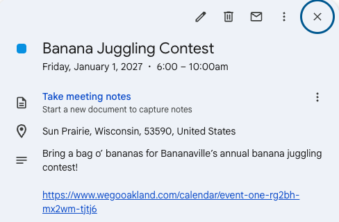 A calendar invite with the full event details filled in