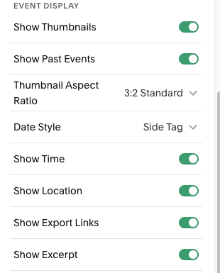 The Show Export Links toggle at the bottom of a Squarespace events section's Event Display settings